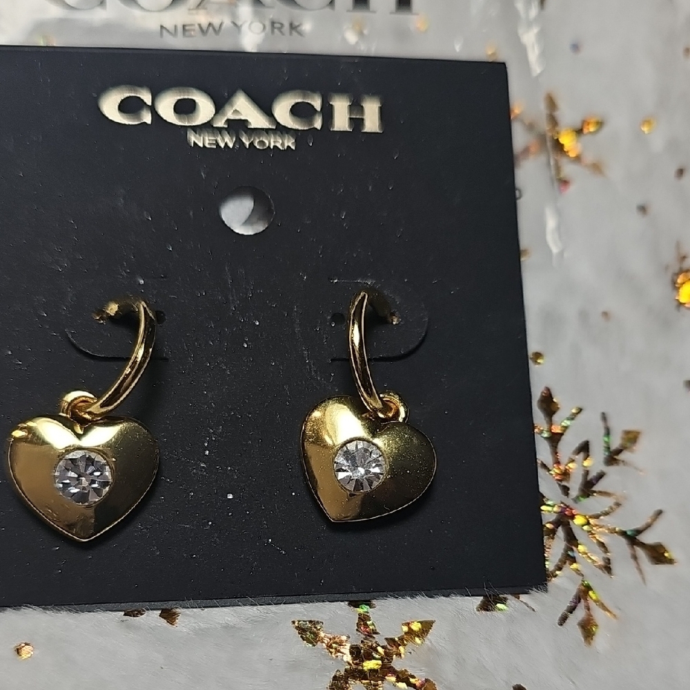 Coach Gold Heart Earrings with Crystal Accent - Picture 2 of 6